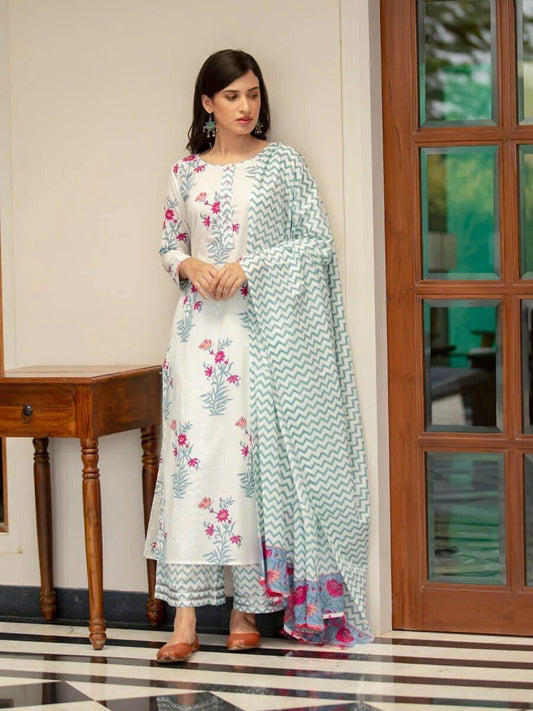 Leaf Green & White Fancy wear Kurti With Bottom Dupatta set