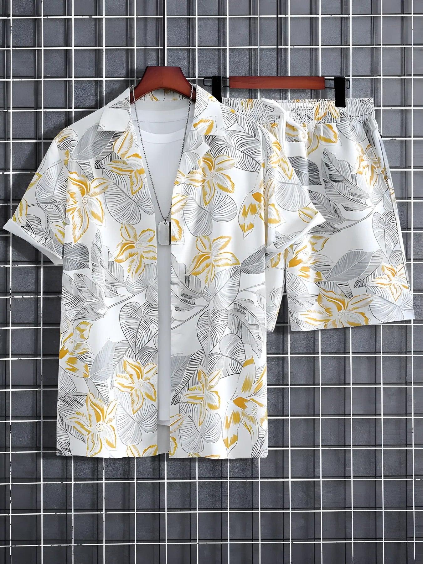 Floral Print Men's Shirt And Shorts Set Short Sleeve