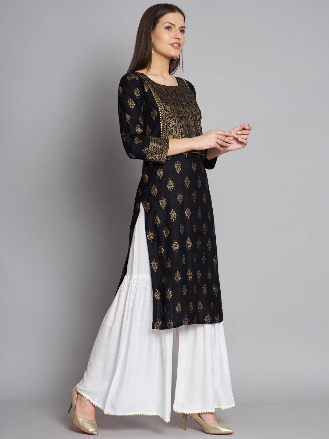 Black Colour Reyon Foil Print Party Wear Kurta Sharara Set