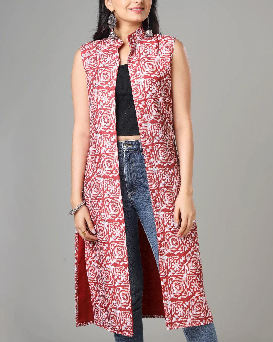 Maroon Colour Printed Long Jacket For Women's