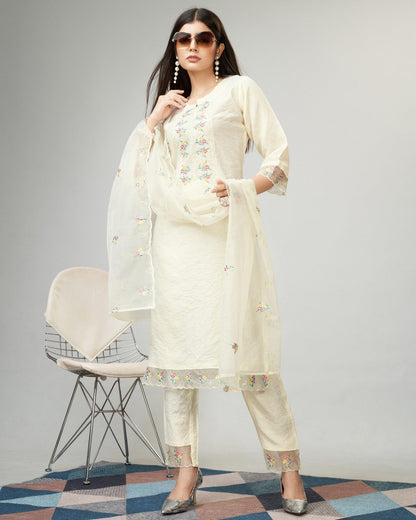 Off White Party Wear Embroidery Worked Kurta With Pant And Duppata Set