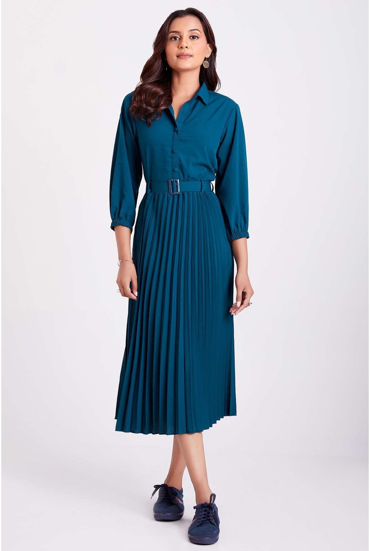 Teal Blue Colour Pleated Western Wear Drees For Women