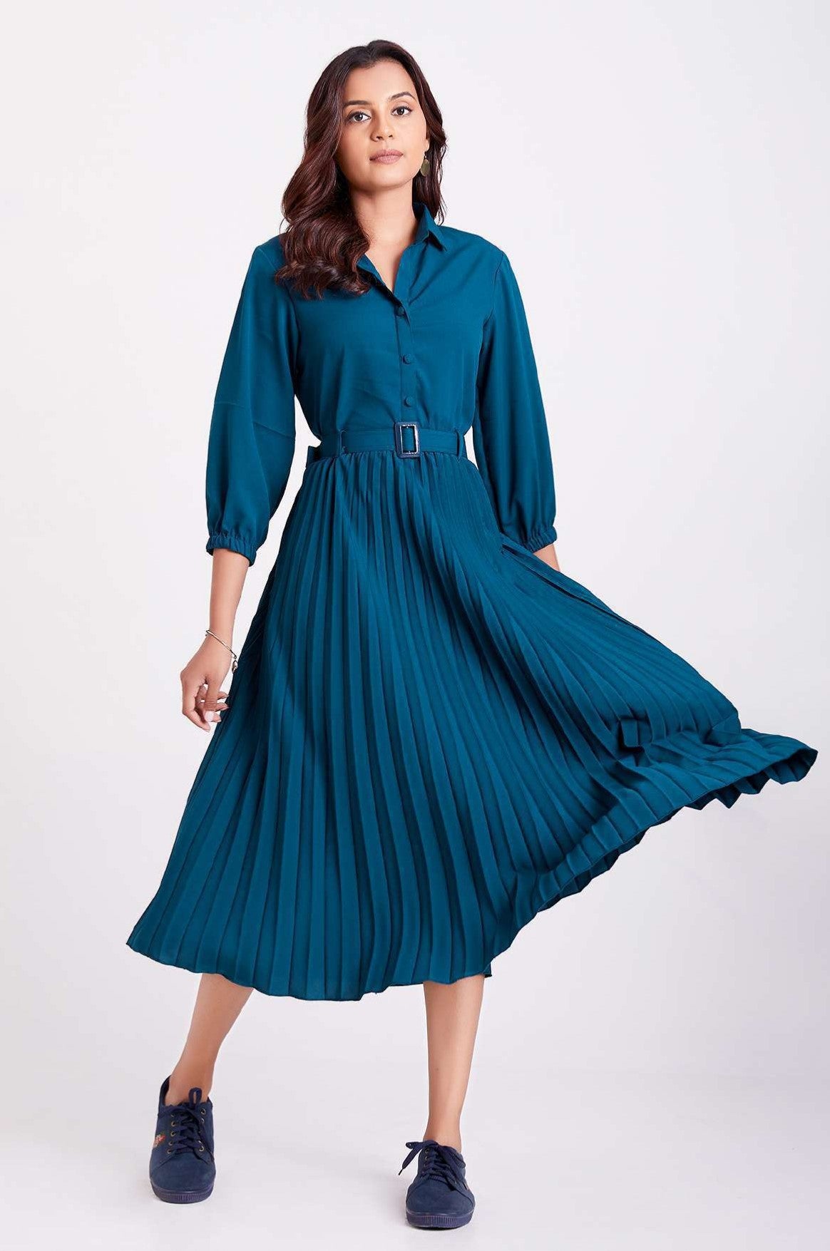 Teal Blue Colour Pleated Western Wear Drees For Women