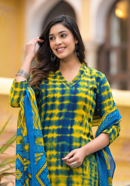 Simple and Beautiful Tie Die Printed Kurta Set with Bottom and Dupatta