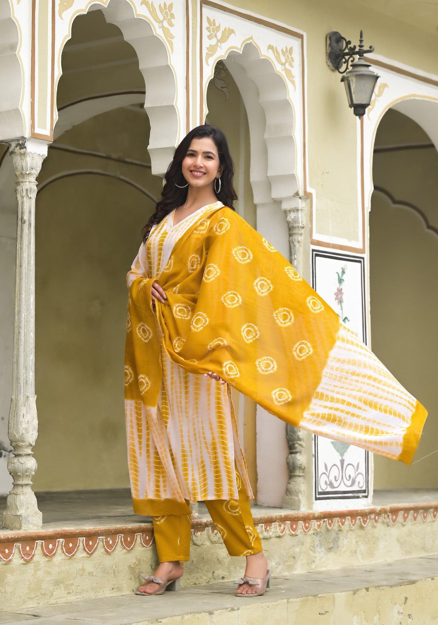 Yellow and White Tie Die printed Kurta Set with Bottom and Dupatta