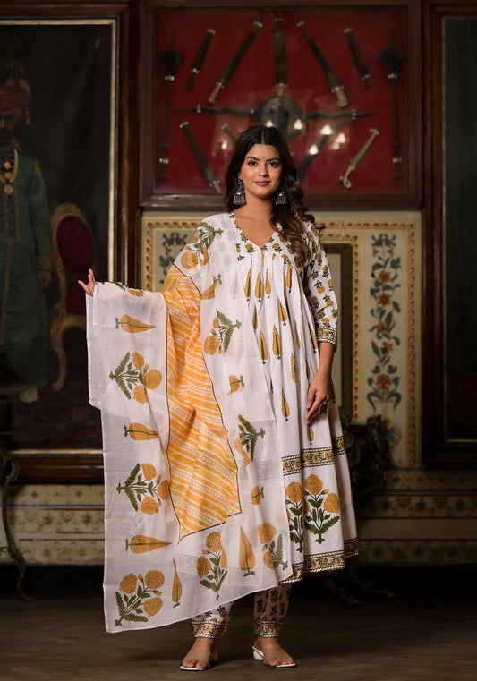 White Cotton Printed Carnation And Leaf Phula Kaalindi Anarkali Set For Women