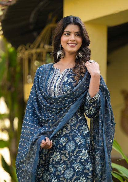 Blue Printed Straight Kurta Set with Bottom Wear and Dupatta