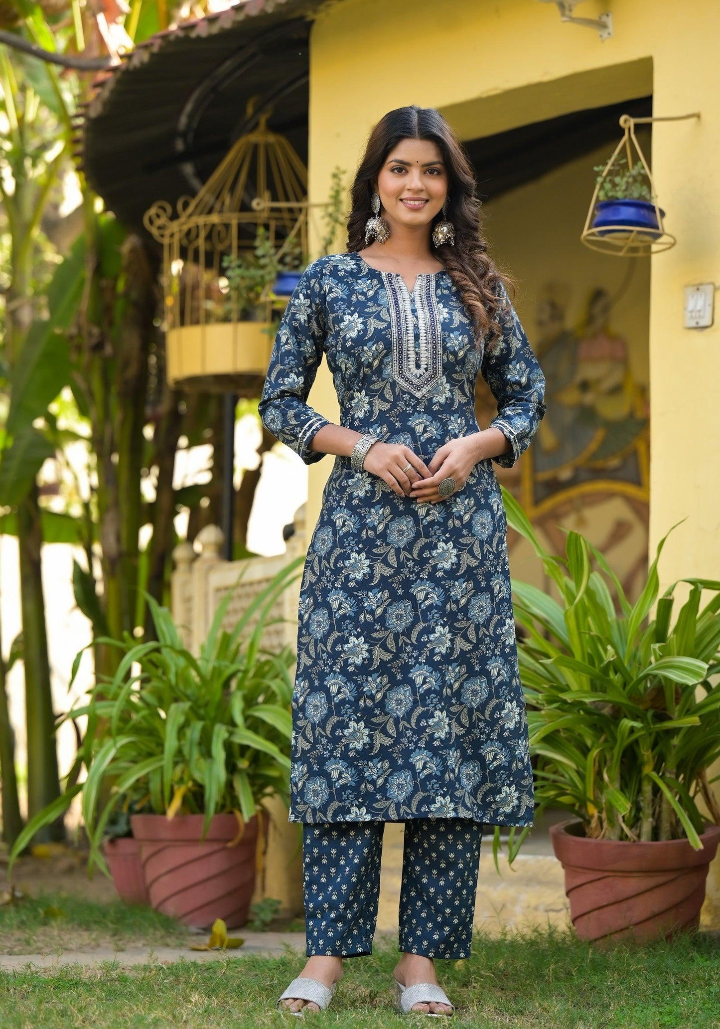 Blue Printed Straight Kurta Set with Bottom Wear and Dupatta