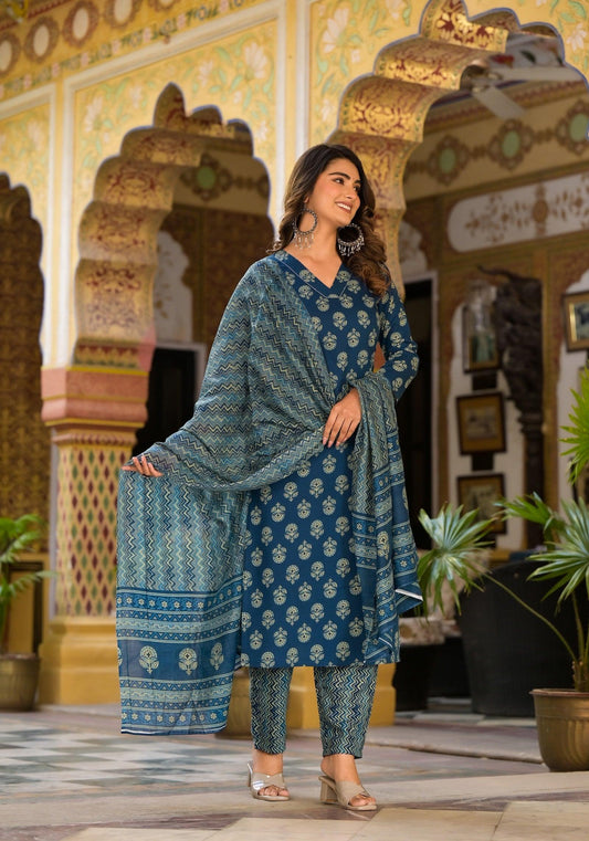 Block Printed Teal Blue Kurta Set with Bottom Wear and Dupatta