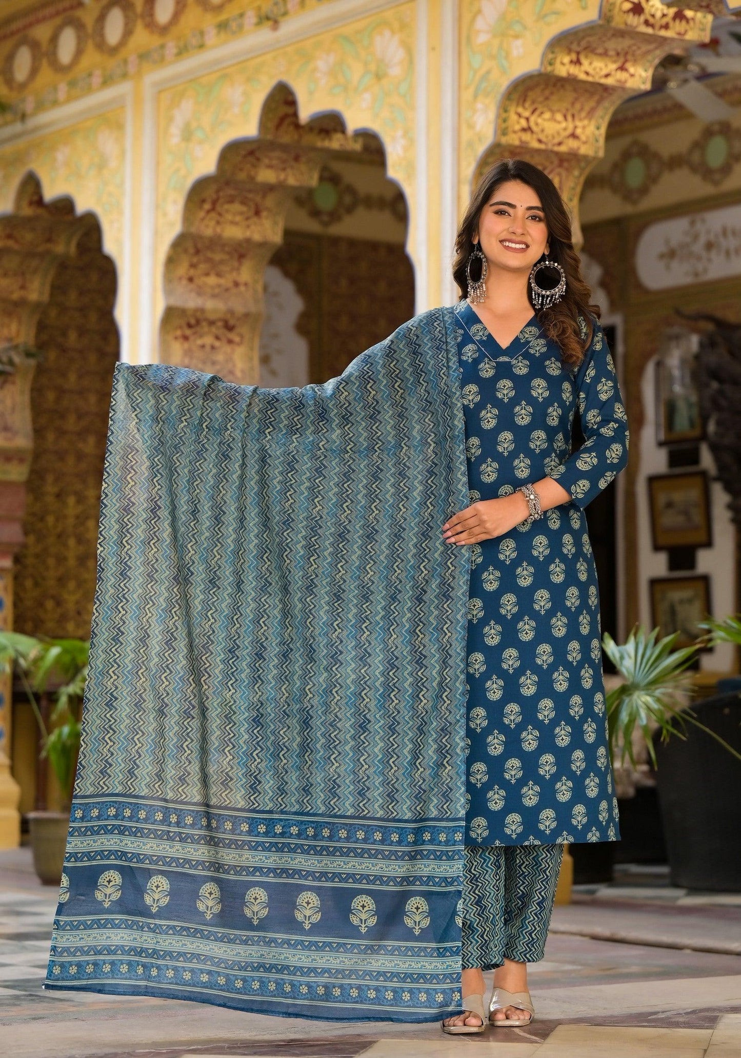 Block Printed Teal Blue Kurta Set with Bottom Wear and Dupatta