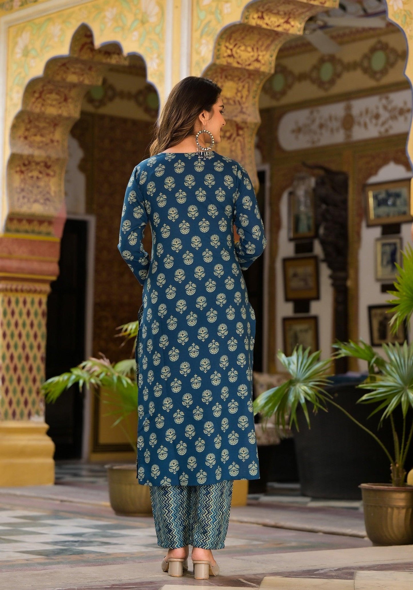 Block Printed Teal Blue Kurta Set with Bottom Wear and Dupatta