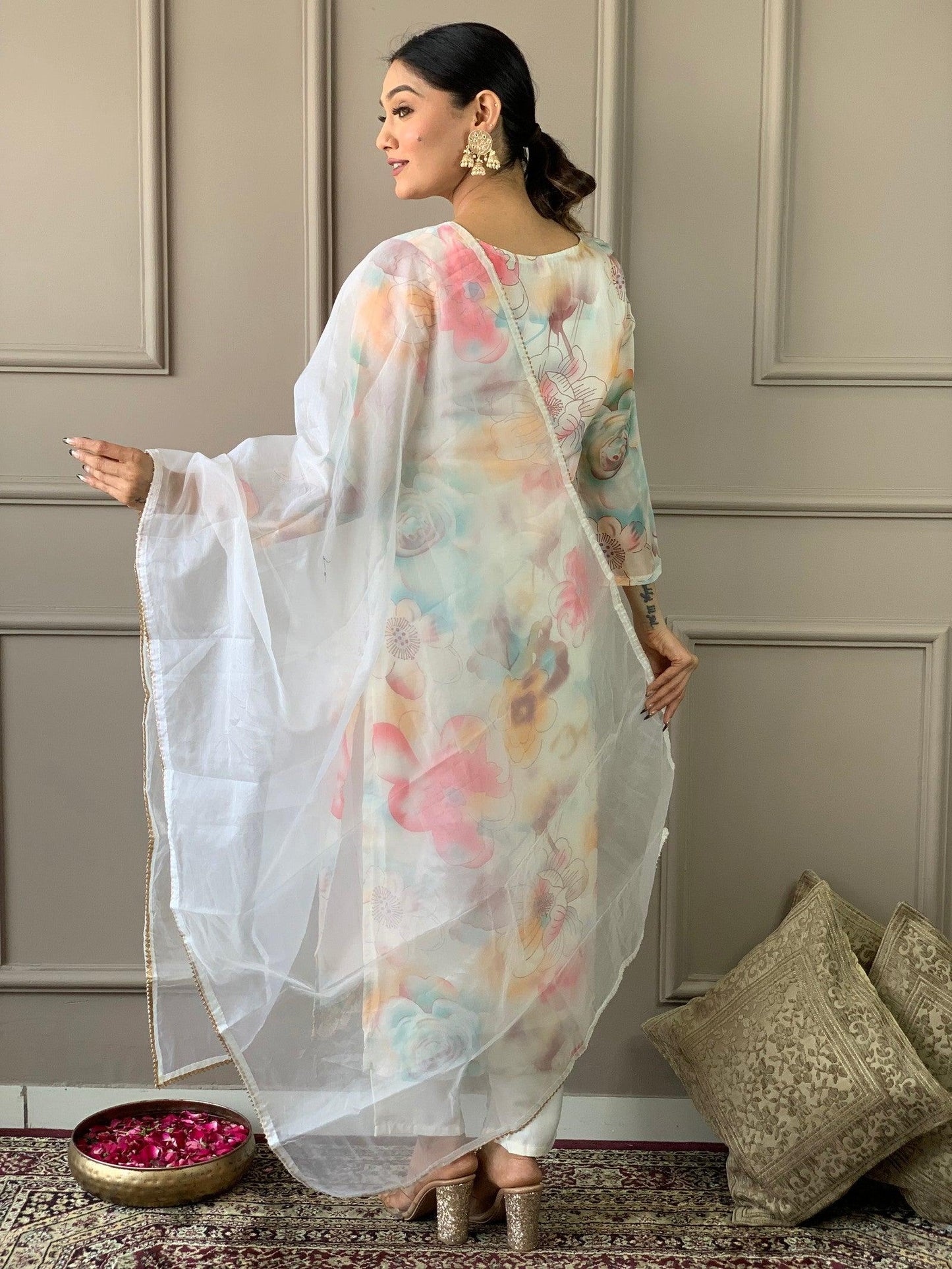 Floral Design Off White Kurta Set with Bottom and Dupatta