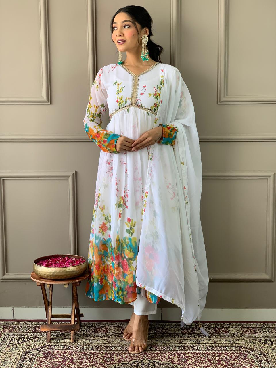 Designer Floral Kurta set with Knee Bottom Pant and Border Dupatta