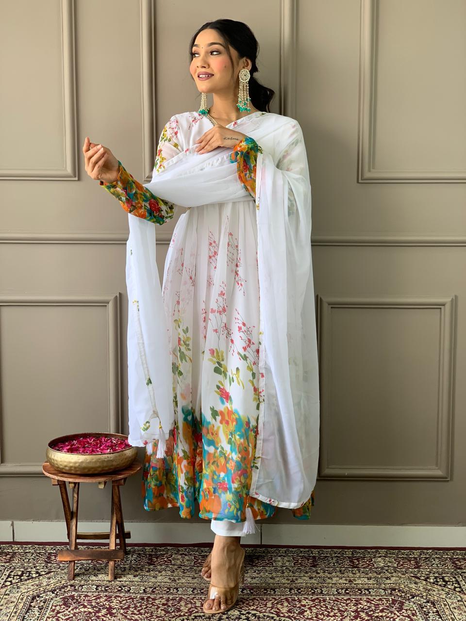 Designer Floral Kurta set with Knee Bottom Pant and Border Dupatta