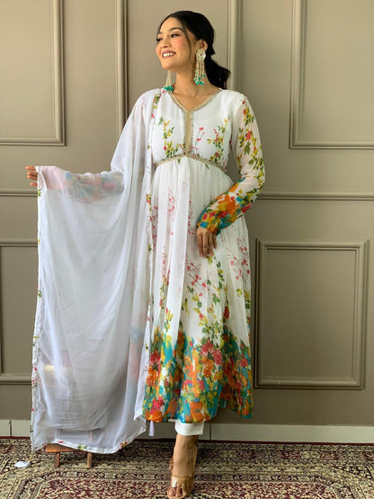 Designer Floral Kurta set with Knee Bottom Pant and Border Dupatta