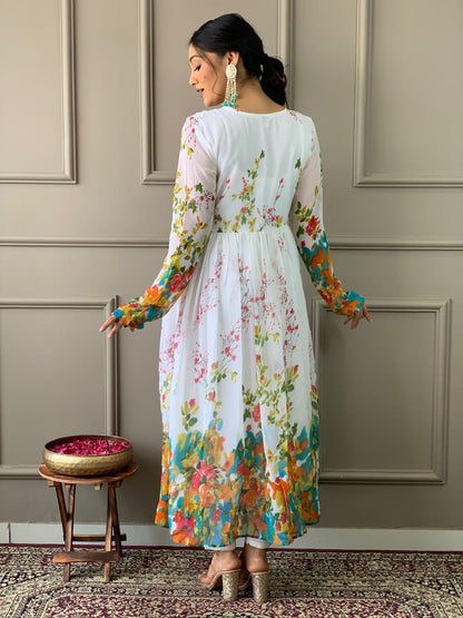 Designer Floral Kurta set with Knee Bottom Pant and Border Dupatta