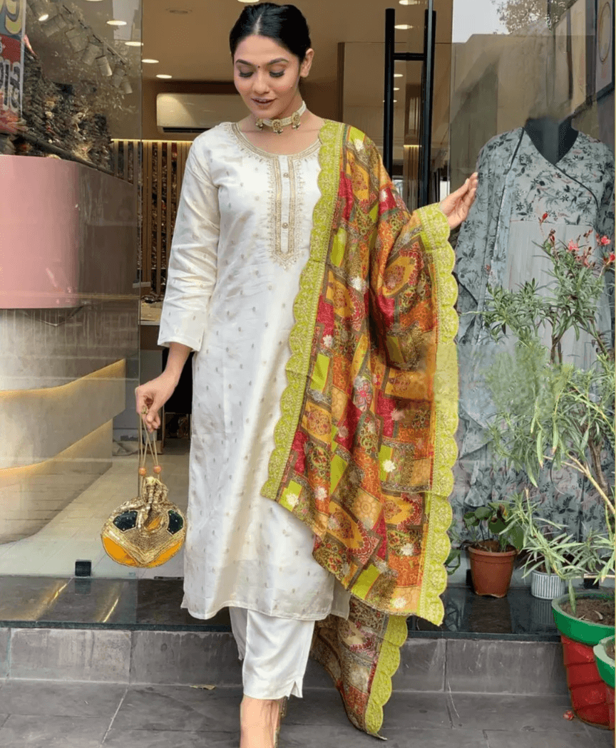 Designer Pure Viscose Jacquard Kurta With Pant And Heavy Dupatta