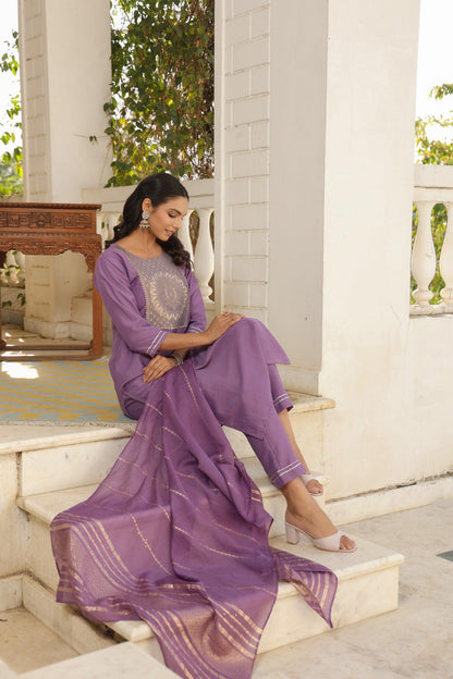 Floral Embroidered Kurta Set with Solid Trousers and Chanderi Silk Dupatta