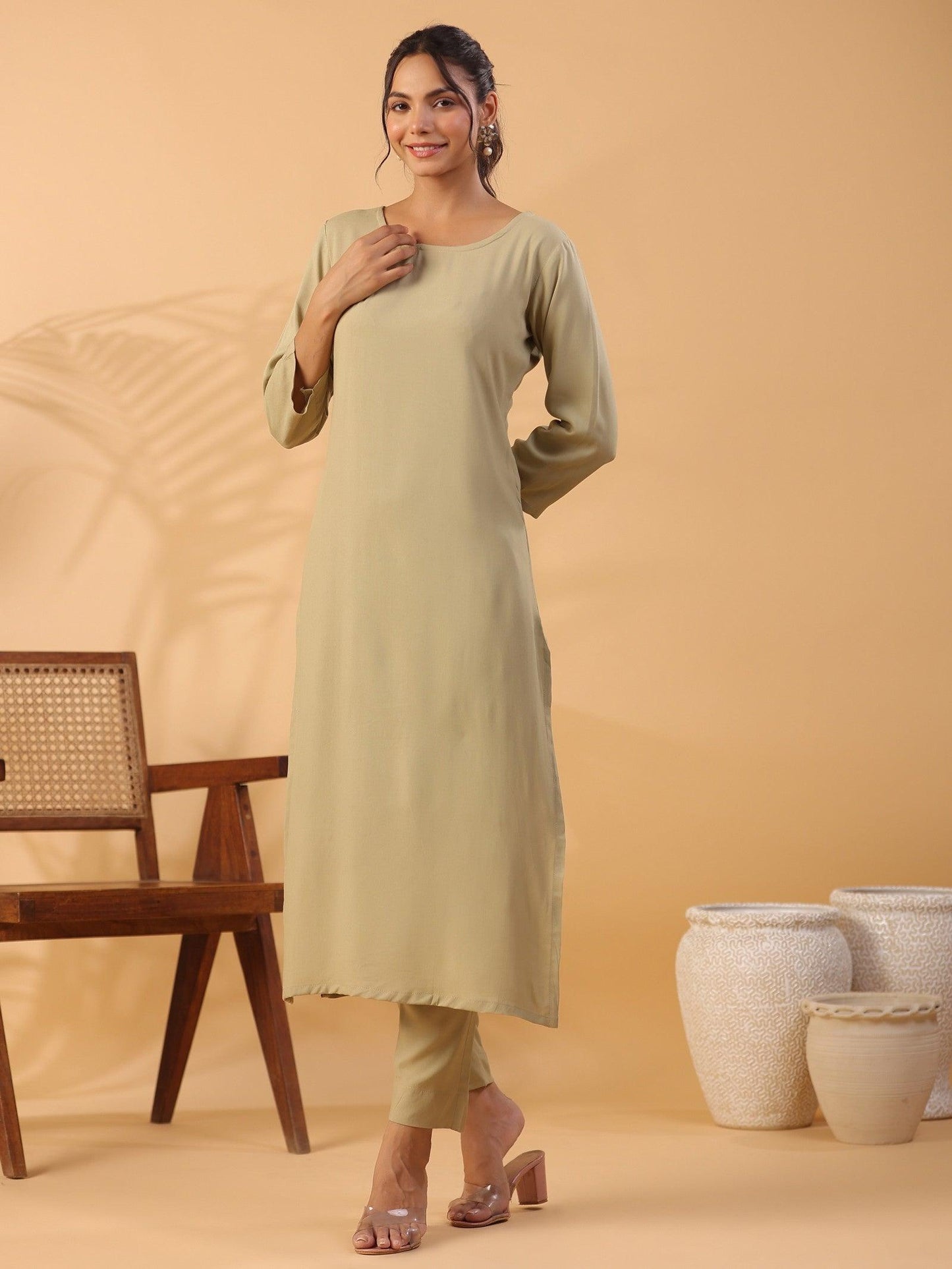 Beige Boat Neck Straight Kurta with Trousers