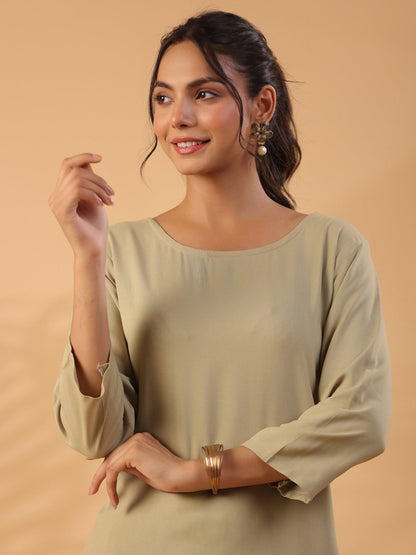 Beige Boat Neck Straight Kurta with Trousers