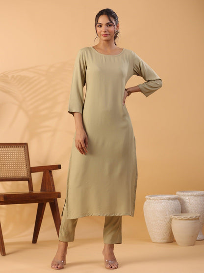 Beige Boat Neck Straight Kurta with Trousers