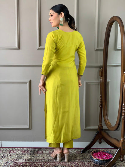 Lemon Yellow Viscose Silk Straight Kurta with bottom and dupatta