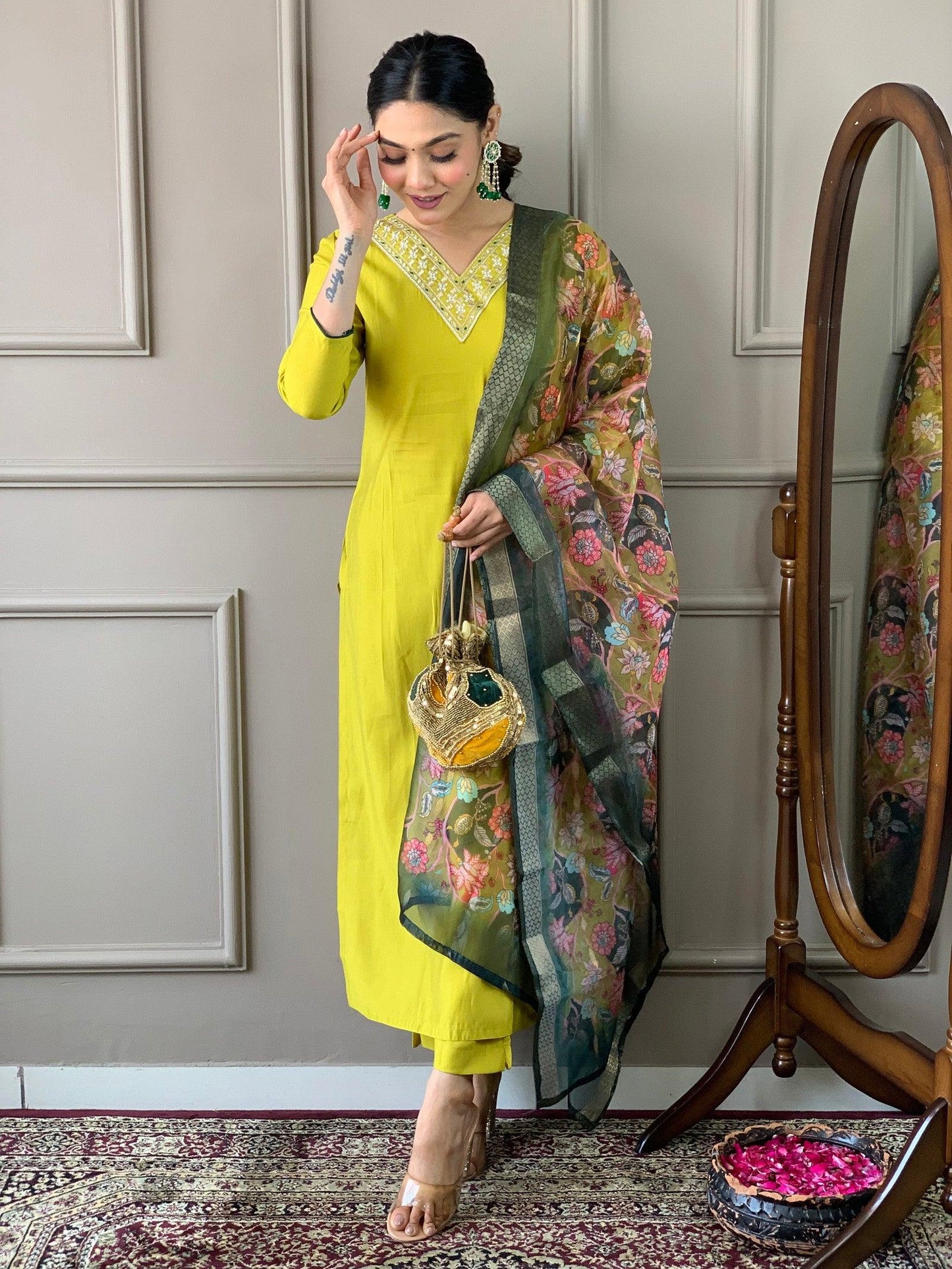 Lemon Yellow Viscose Silk Straight Kurta with bottom and dupatta