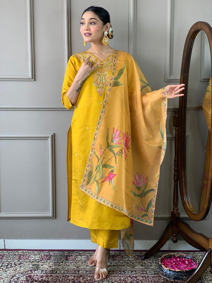 Mustard Classic Embroidery Design Kurta With Pant and Dupatta