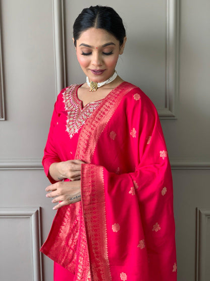 Beautiful Pink Viscose Chanderi Kurta Set with Bottom Wear and Dupatta