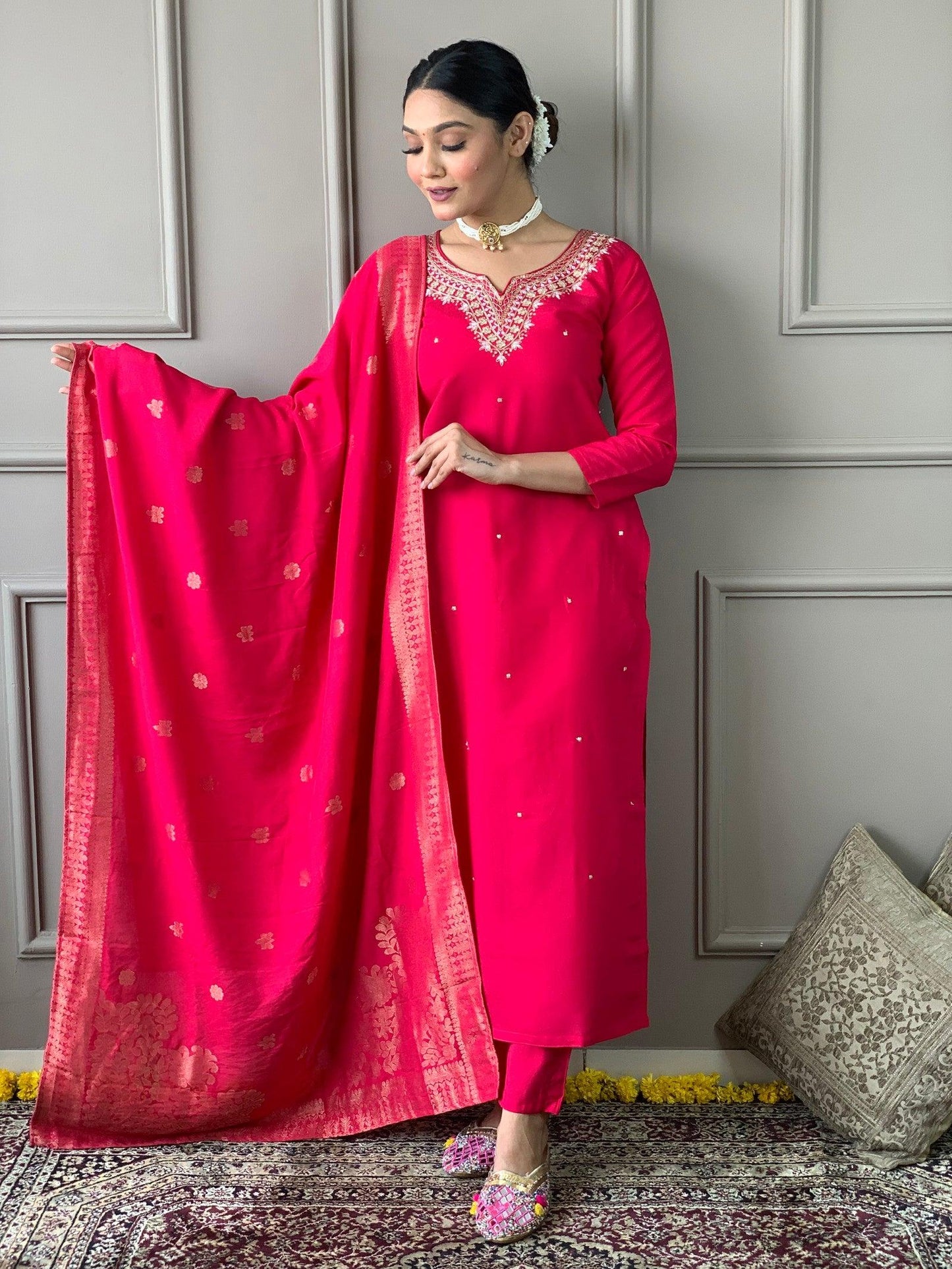 Beautiful Pink Viscose Chanderi Kurta Set with Bottom Wear and Dupatta