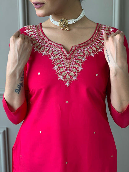 Beautiful Pink Viscose Chanderi Kurta Set with Bottom Wear and Dupatta