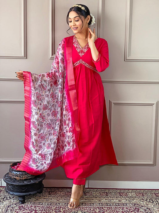 Designer Kurta Set with Knee Bottom Pant and Floral Dupatta