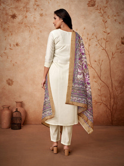 Women Embroidered Straight Kurta with Pants & Dupatta in White Color