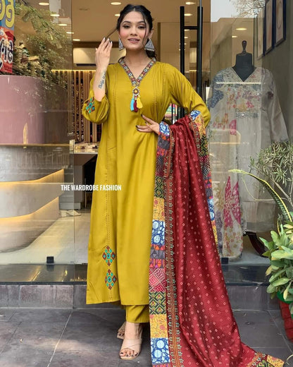 Mustard Yellow Simple Beautiful Kurta Set with Bottom and Dupatta