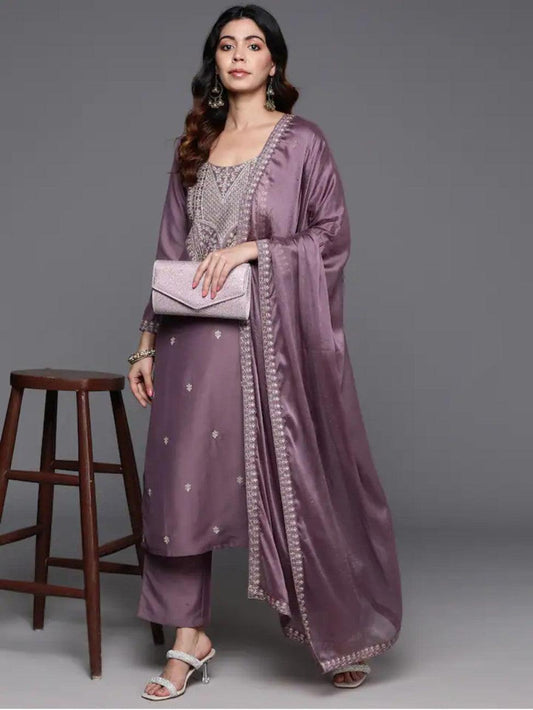 Onion Color Embroidered Women wear Kurta set with bottom wear and dupatta