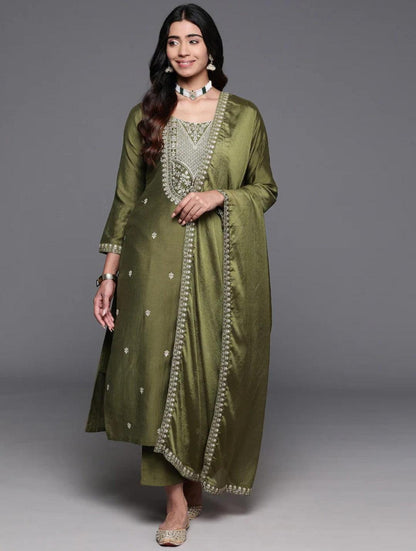 Mehndi Color Embroidered Women wear Kurta set with bottom wear and dupatta