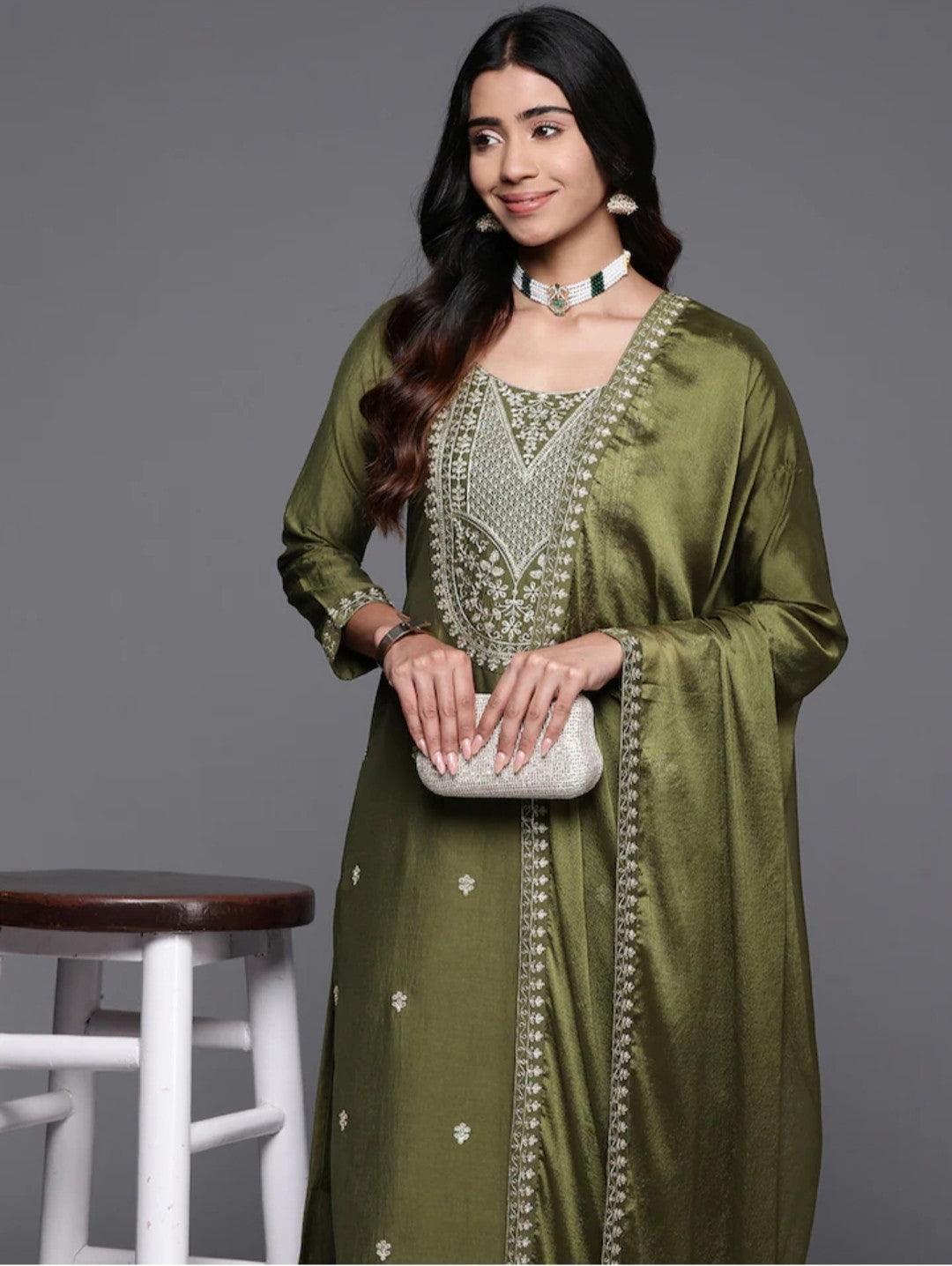 Mehndi Color Embroidered Women wear Kurta set with bottom wear and dupatta