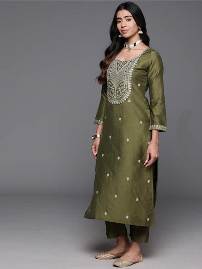 Mehndi Color Embroidered Women wear Kurta set with bottom wear and dupatta