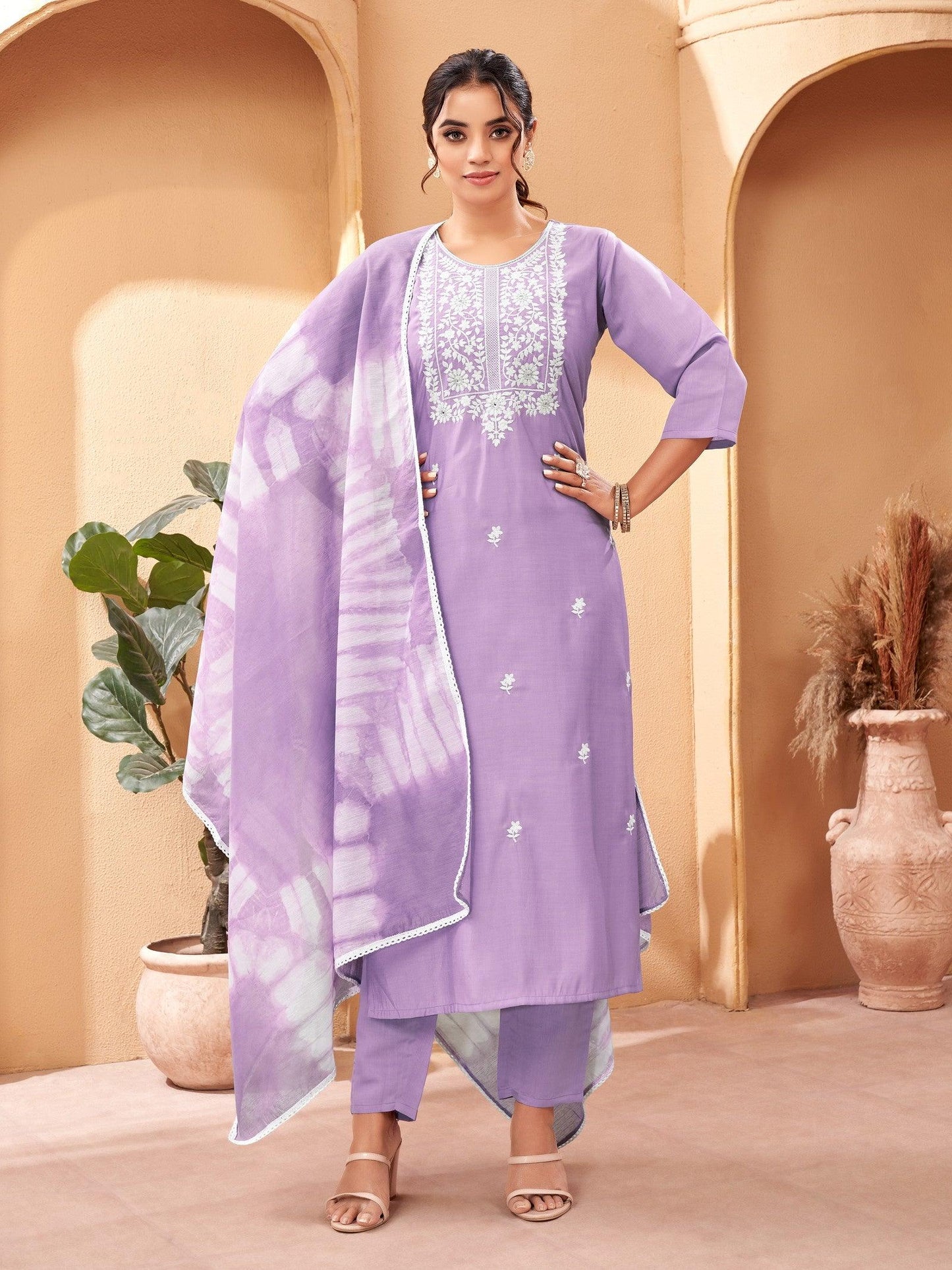 Beautiful and Simple Lavender colour Embroidered Kurta set With Bottom and Dupatta - Mayara - My Fashion Brand