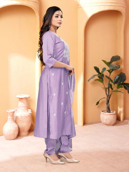 Beautiful and Simple Lavender colour Embroidered Kurta set With Bottom and Dupatta - Mayara - My Fashion Brand