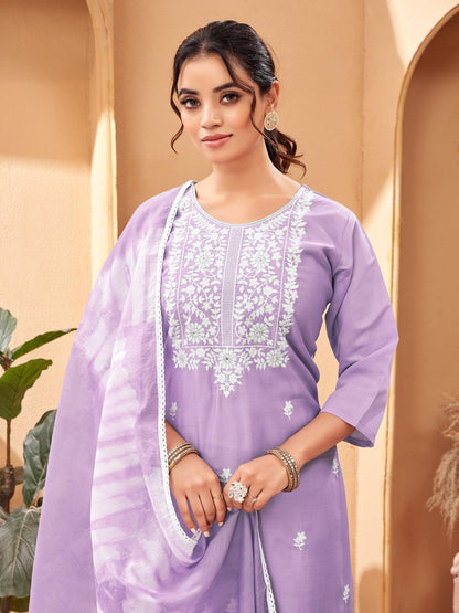 Beautiful and Simple Lavender colour Embroidered Kurta set With Bottom and Dupatta - Mayara - My Fashion Brand