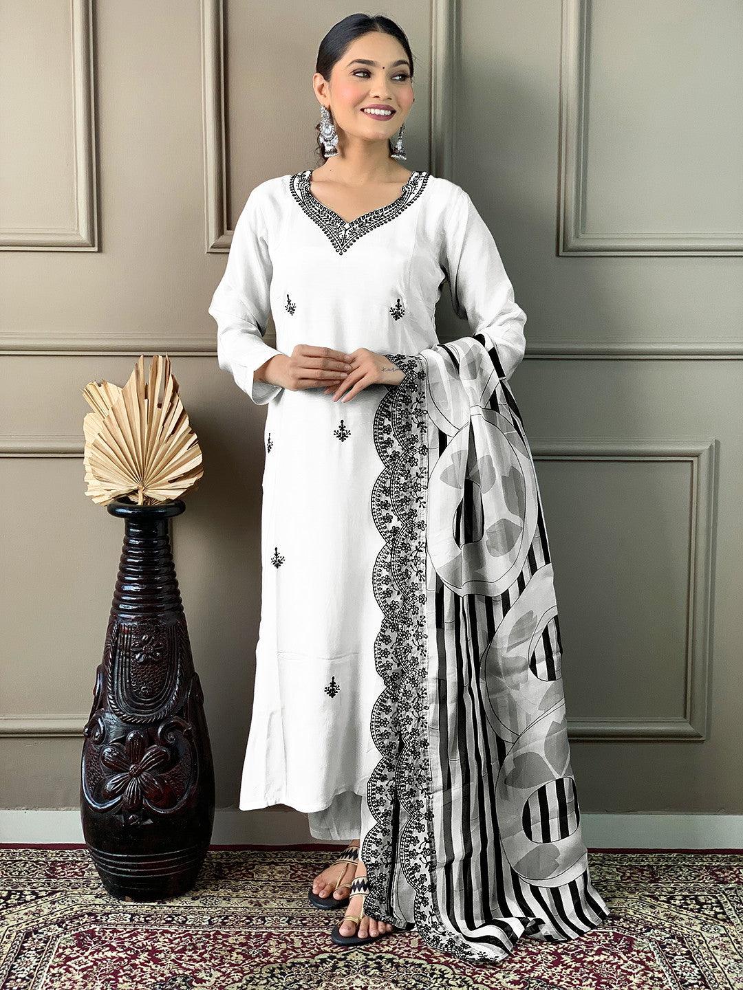 Women"s Off-White Embroidery Straight Kurta Pant With Dupatta