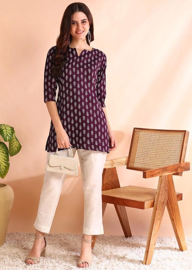 Rayon Printed Kurti for Women (Purple, Small)