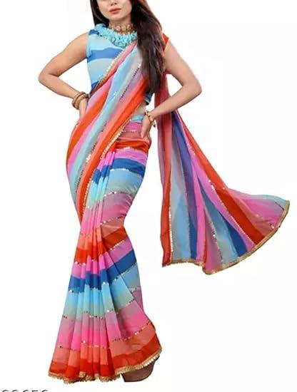 Georgette Rainbow Stripe Saree -MultiColor