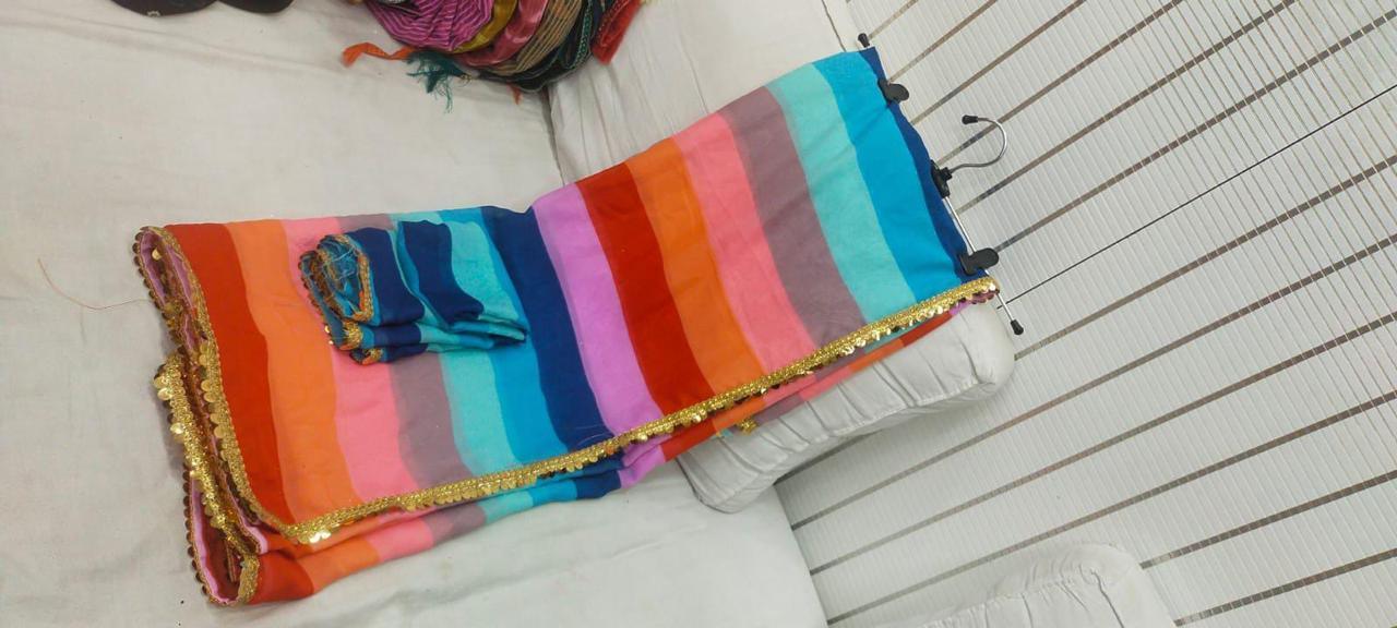 Georgette Rainbow Stripe Saree -MultiColor